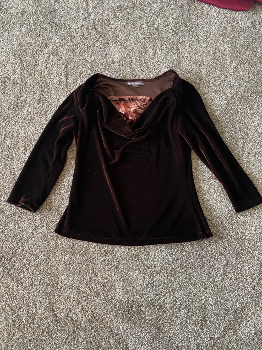 Velvet Cowl Neck Long Sleeve Top - Brown